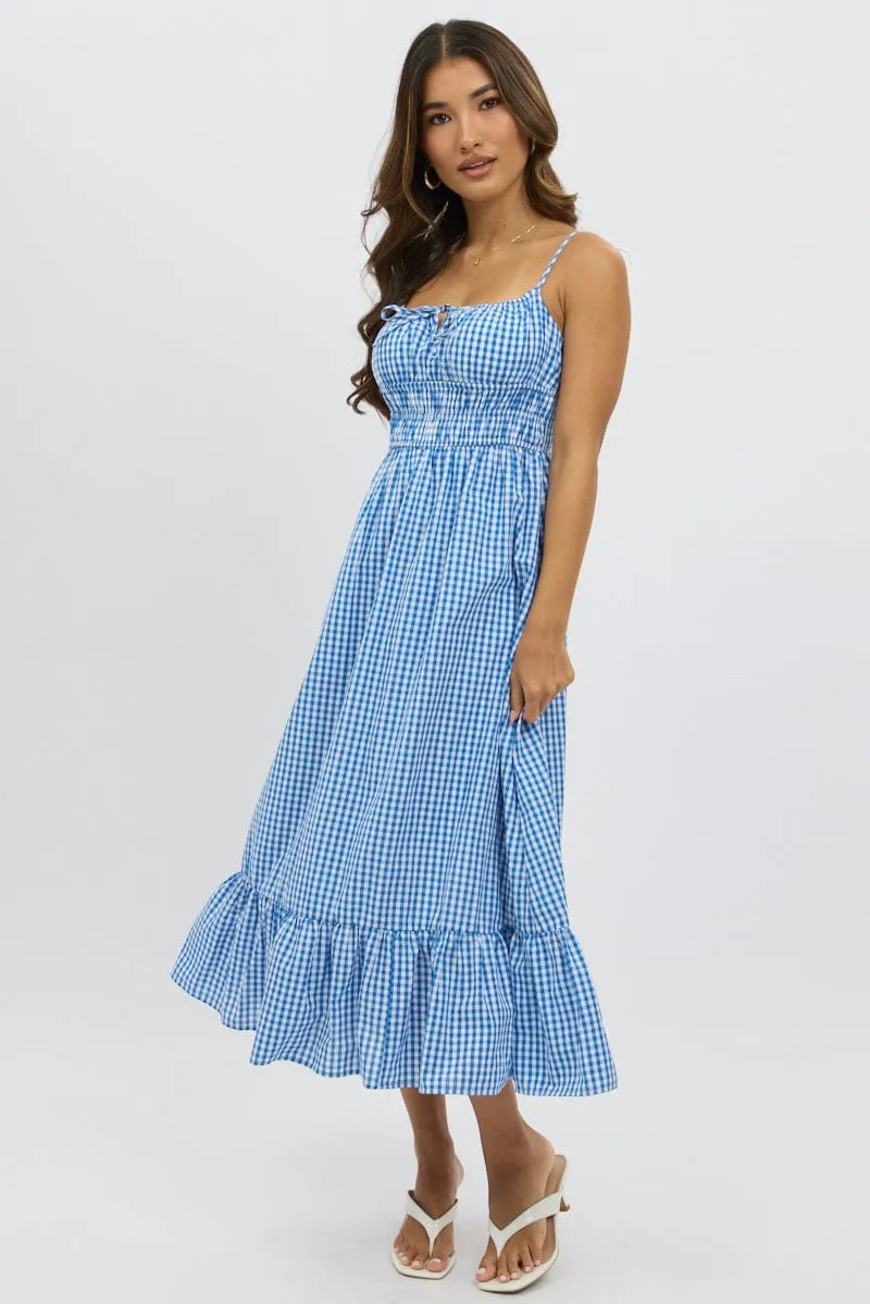 Blue Check Midi Dress Tiered Strappy