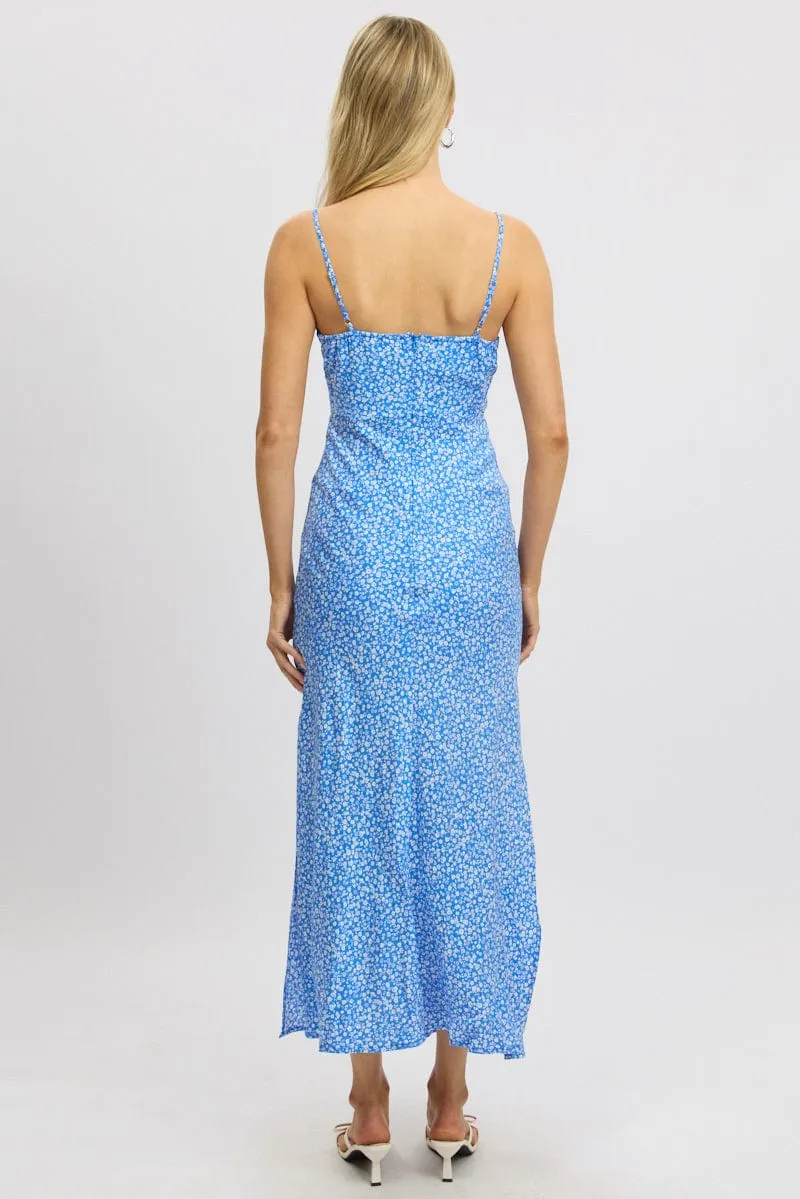 Blue Ditsy Midi Dress Gathering Bust Sleeveless