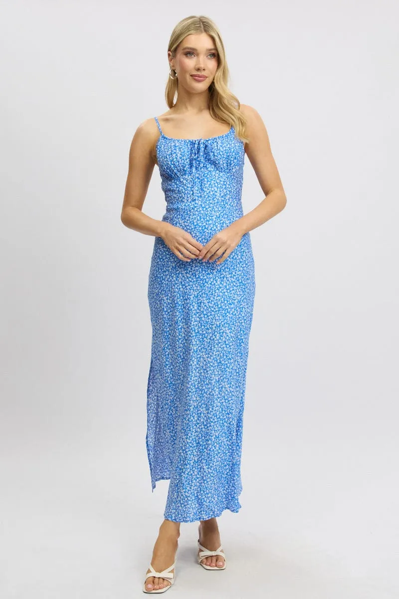 Blue Ditsy Midi Dress Gathering Bust Sleeveless