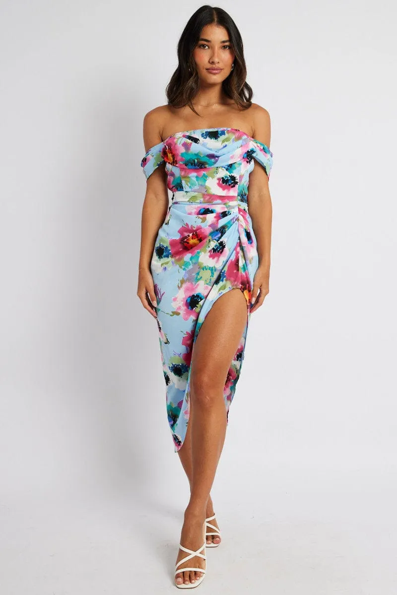 Blue Floral Midi Dress Bardot Sleeve Draped Blue Floral