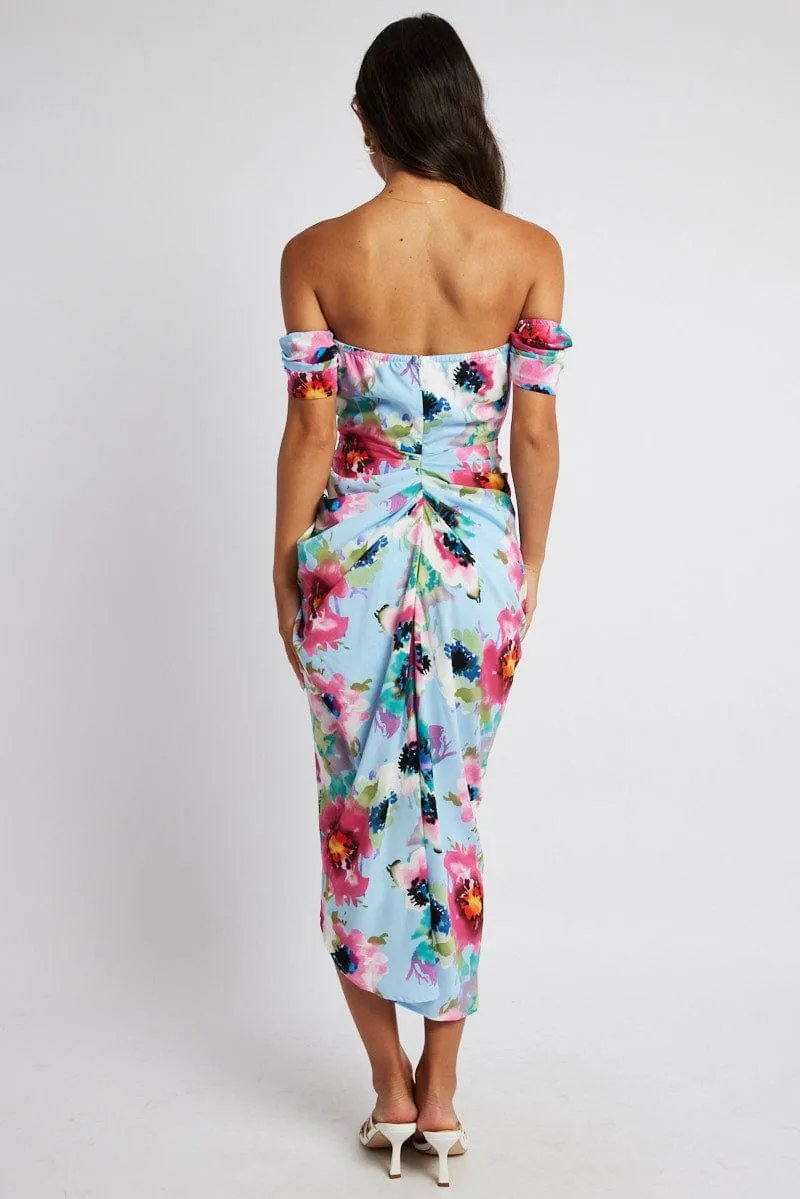 Blue Floral Midi Dress Bardot Sleeve Draped Blue Floral