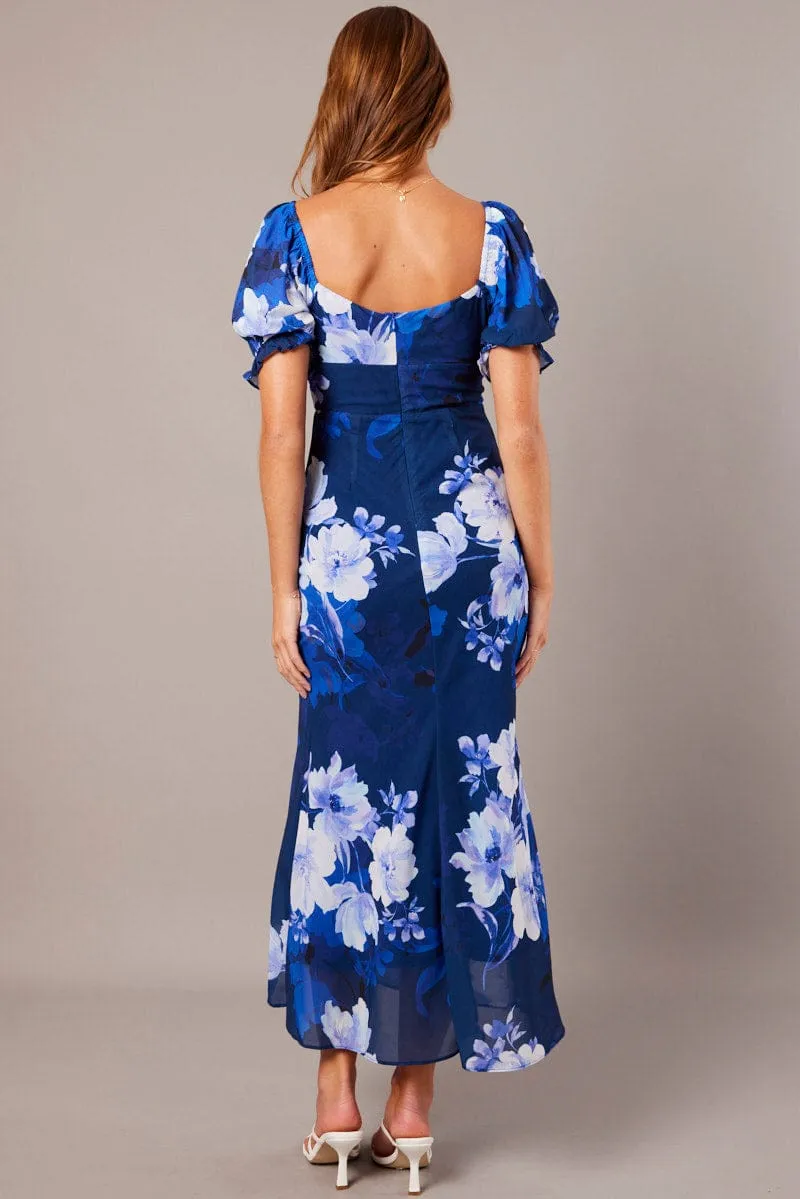 Blue Floral Midi Dress Puff Sleeve