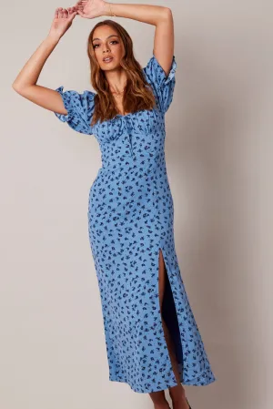 Blue Floral Midi Dress Puff Sleeve