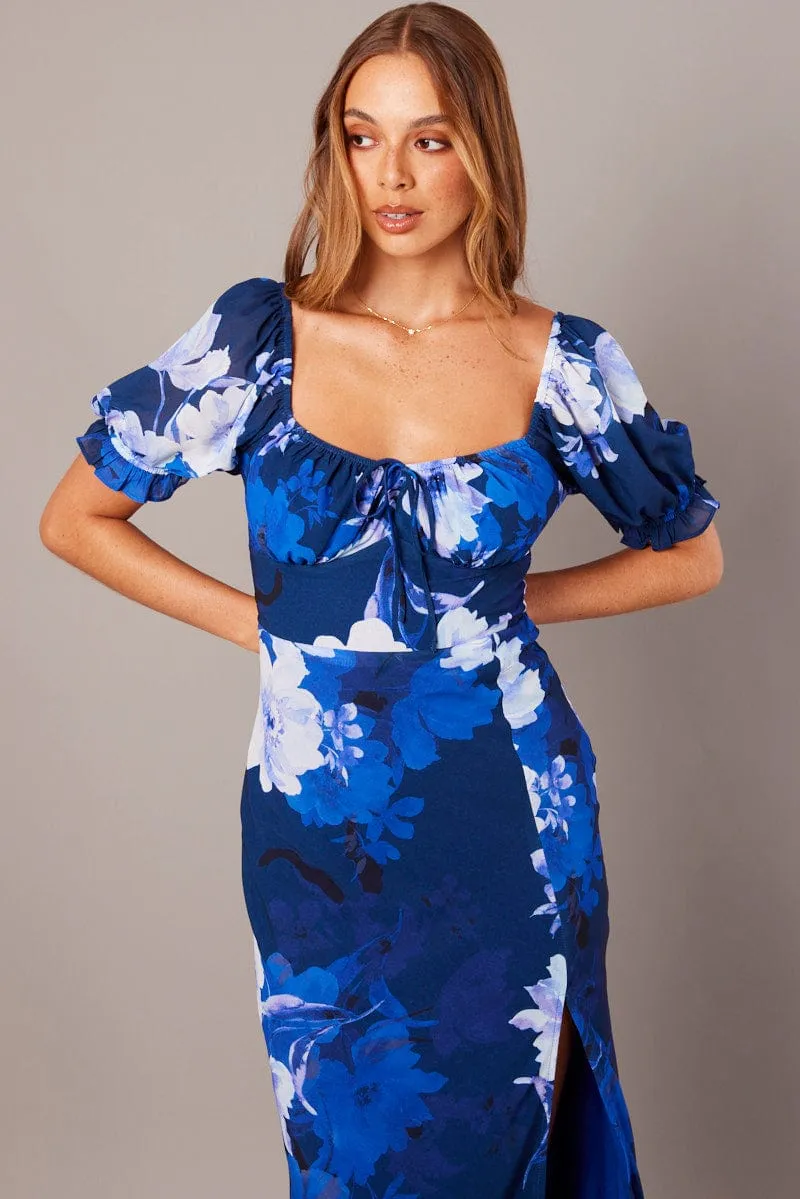 Blue Floral Midi Dress Puff Sleeve