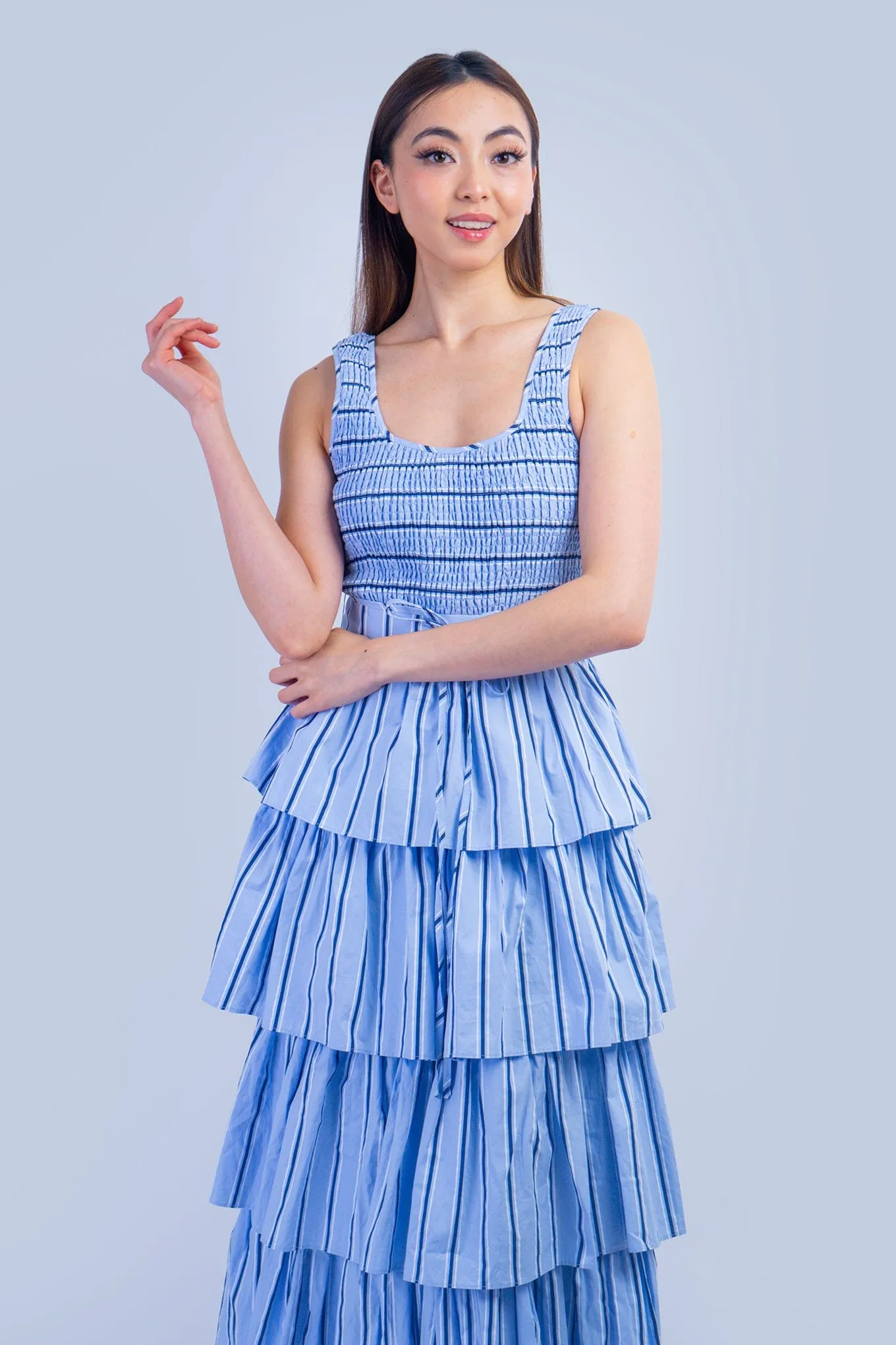 Blue Pin Stripe Smocked Bodice Tiered Midi Dress