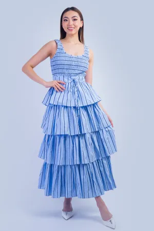 Blue Pin Stripe Smocked Bodice Tiered Midi Dress