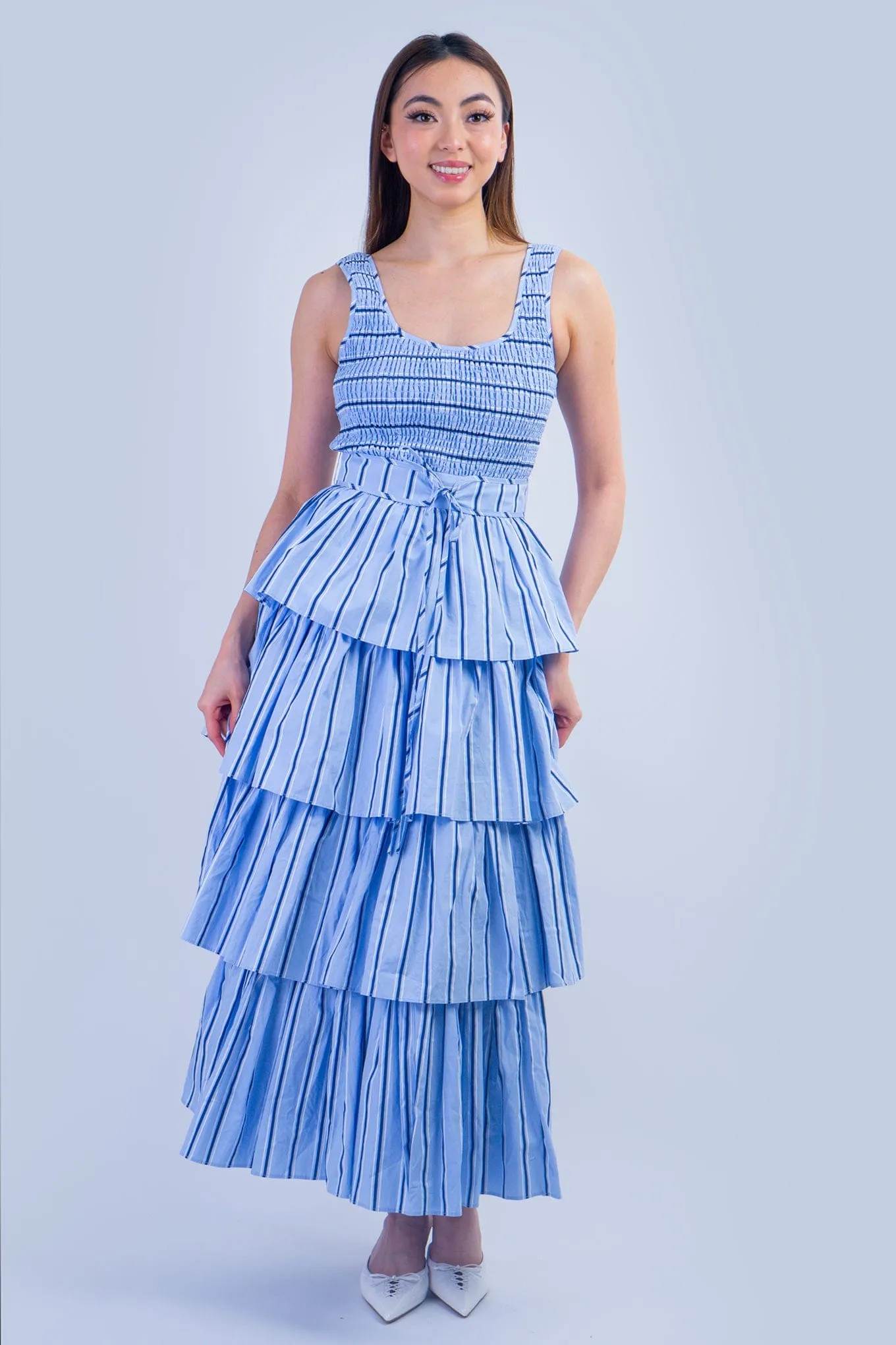 Blue Pin Stripe Smocked Bodice Tiered Midi Dress