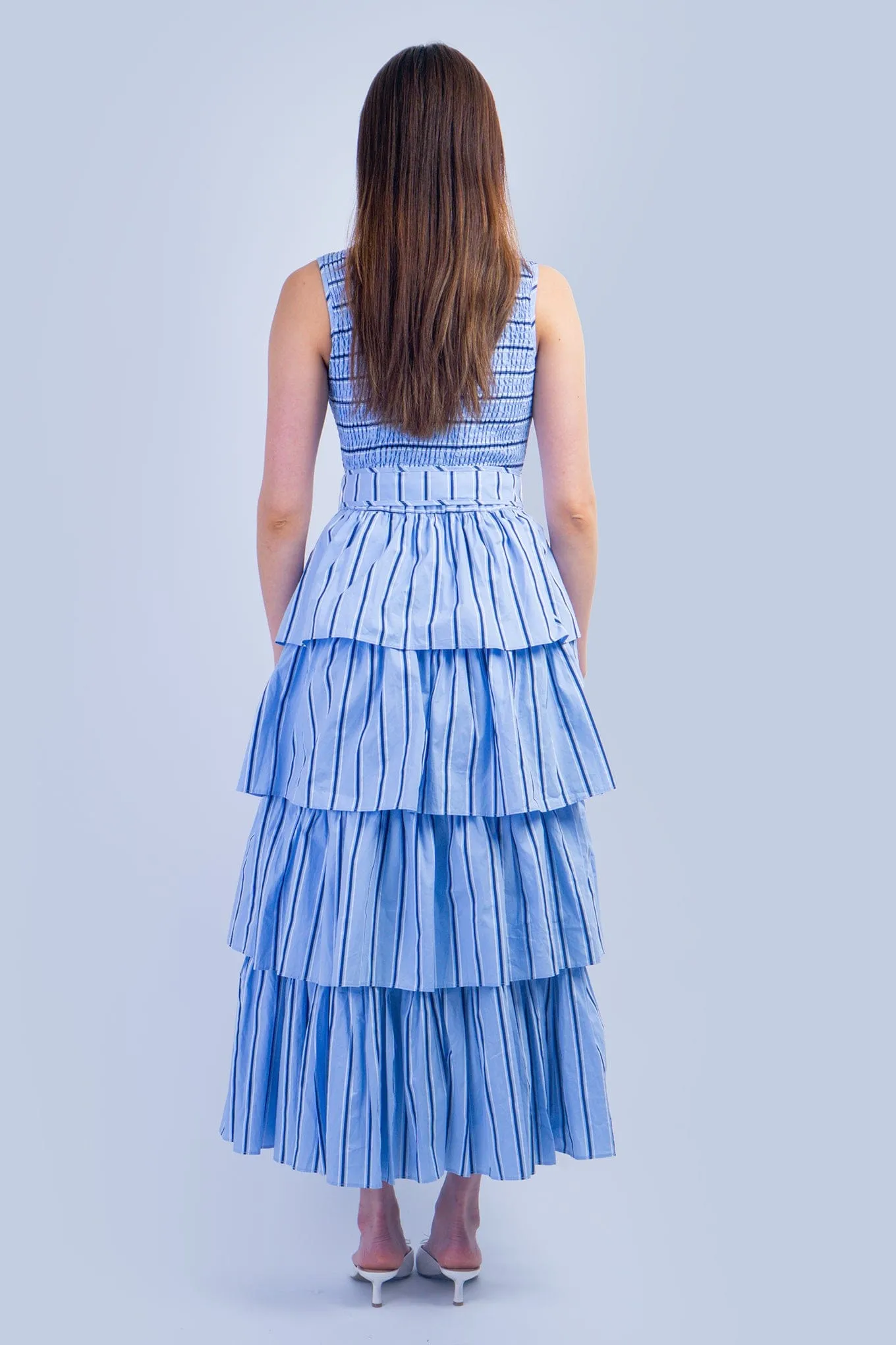 Blue Pin Stripe Smocked Bodice Tiered Midi Dress