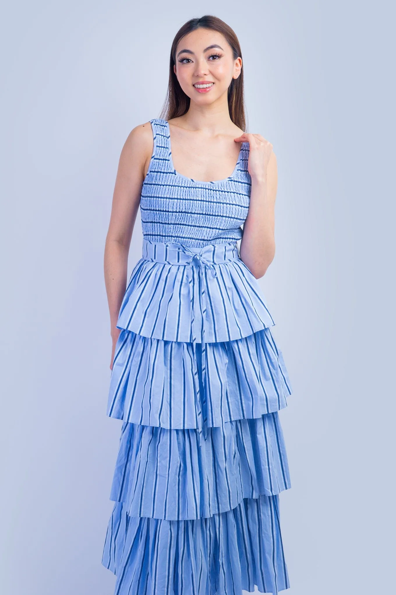 Blue Pin Stripe Smocked Bodice Tiered Midi Dress