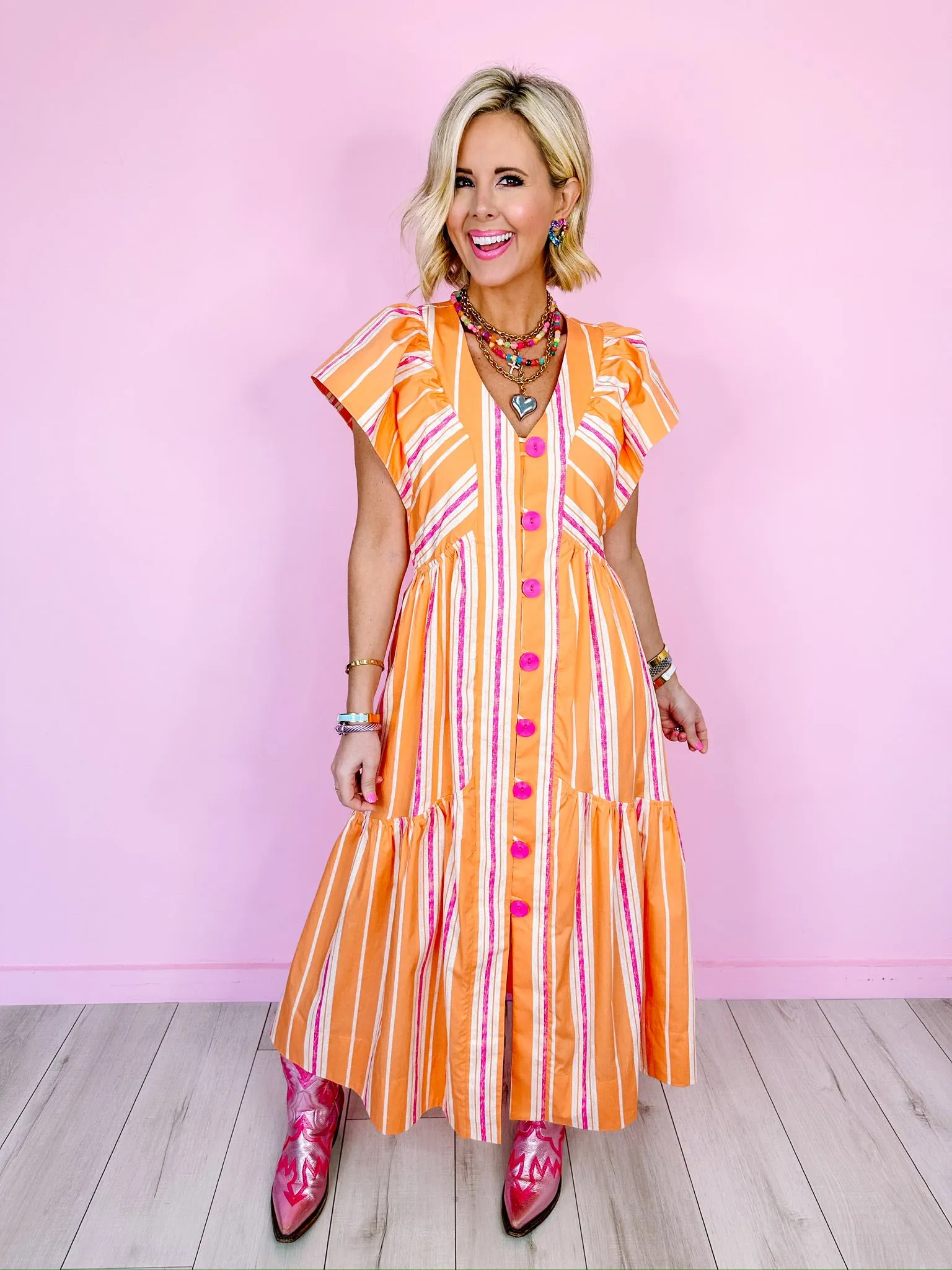 BRIGHTER DAYS AHEAD STRIPE MIDI DRESS - ORANGE
