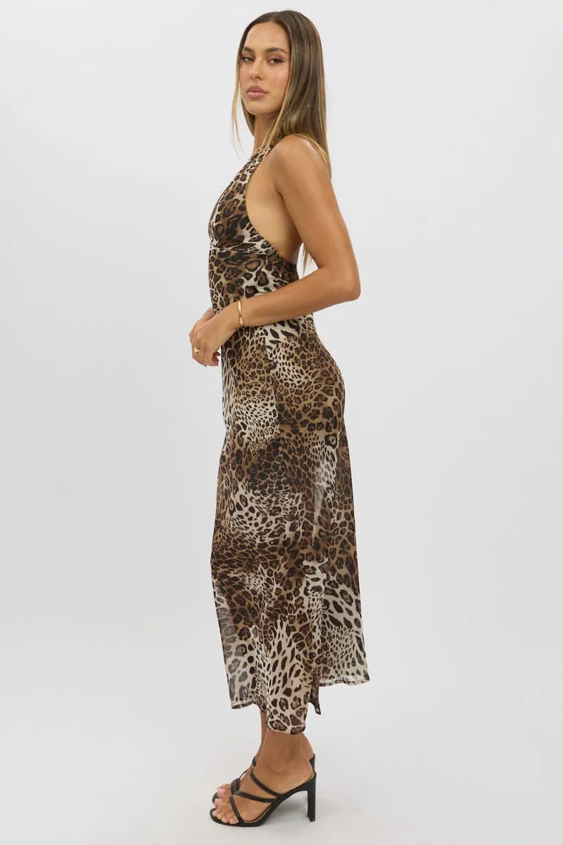 Brown Animal Print Halter Neck Maxi Dress
