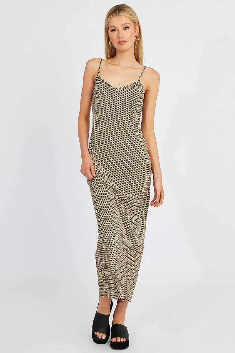 Brown Geo Maxi Dress Bias Cut