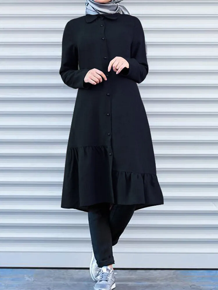 Button Front Irregular Ruffle Hem Long Sleeve Shirt Women Midi Dress