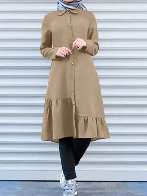 Button Front Irregular Ruffle Hem Long Sleeve Shirt Women Midi Dress