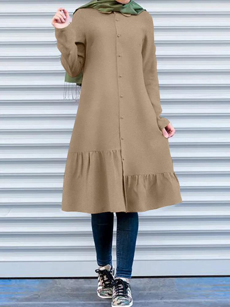 Button Front Irregular Ruffle Hem Long Sleeve Shirt Women Midi Dress