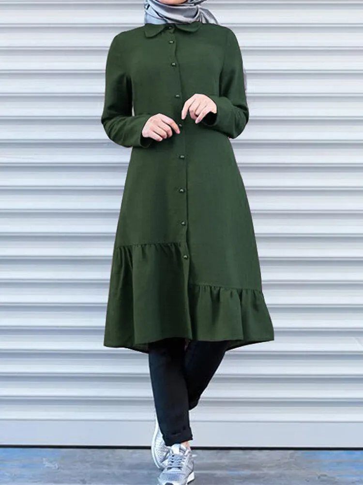 Button Front Irregular Ruffle Hem Long Sleeve Shirt Women Midi Dress