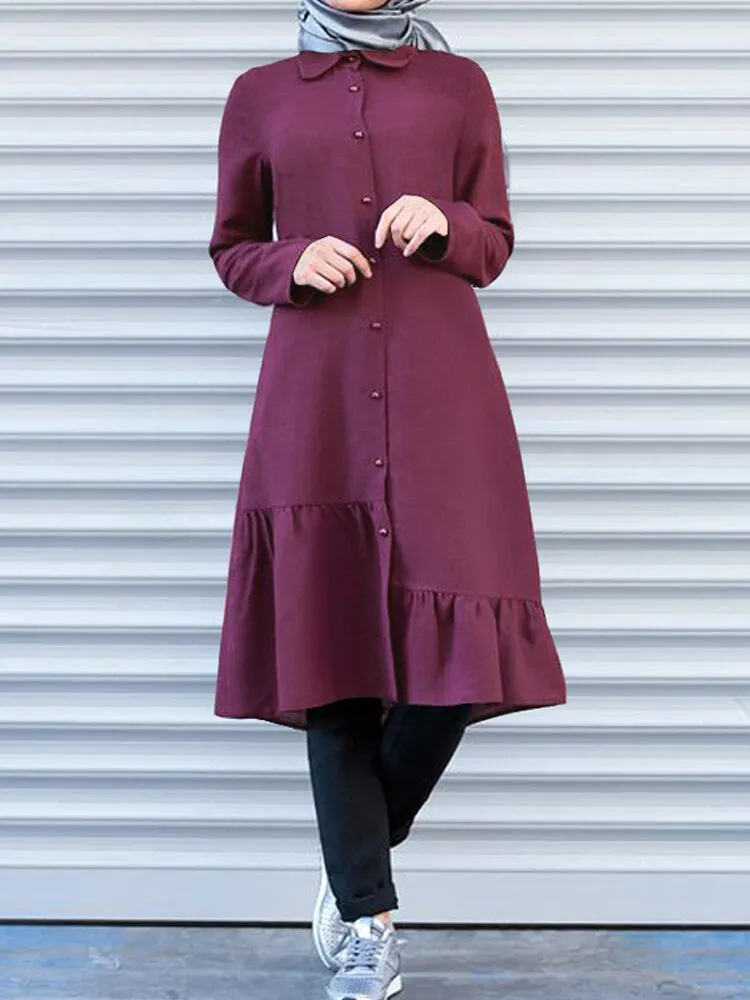 Button Front Irregular Ruffle Hem Long Sleeve Shirt Women Midi Dress
