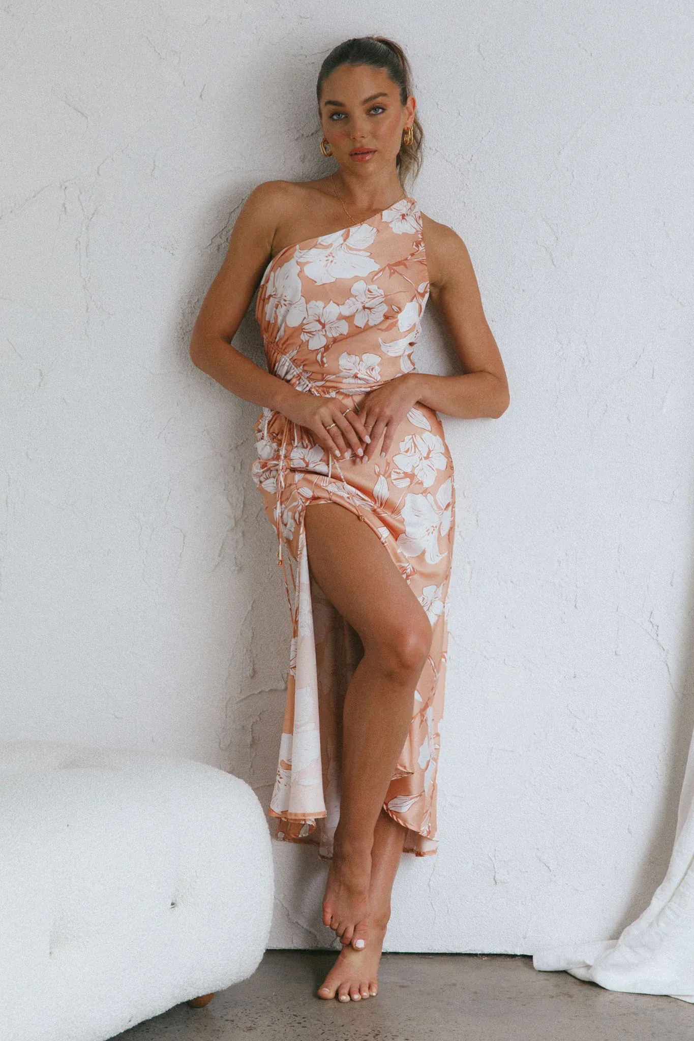 Casa Del Mar One-Shoulder Ruched Midi Dress Floral Blush