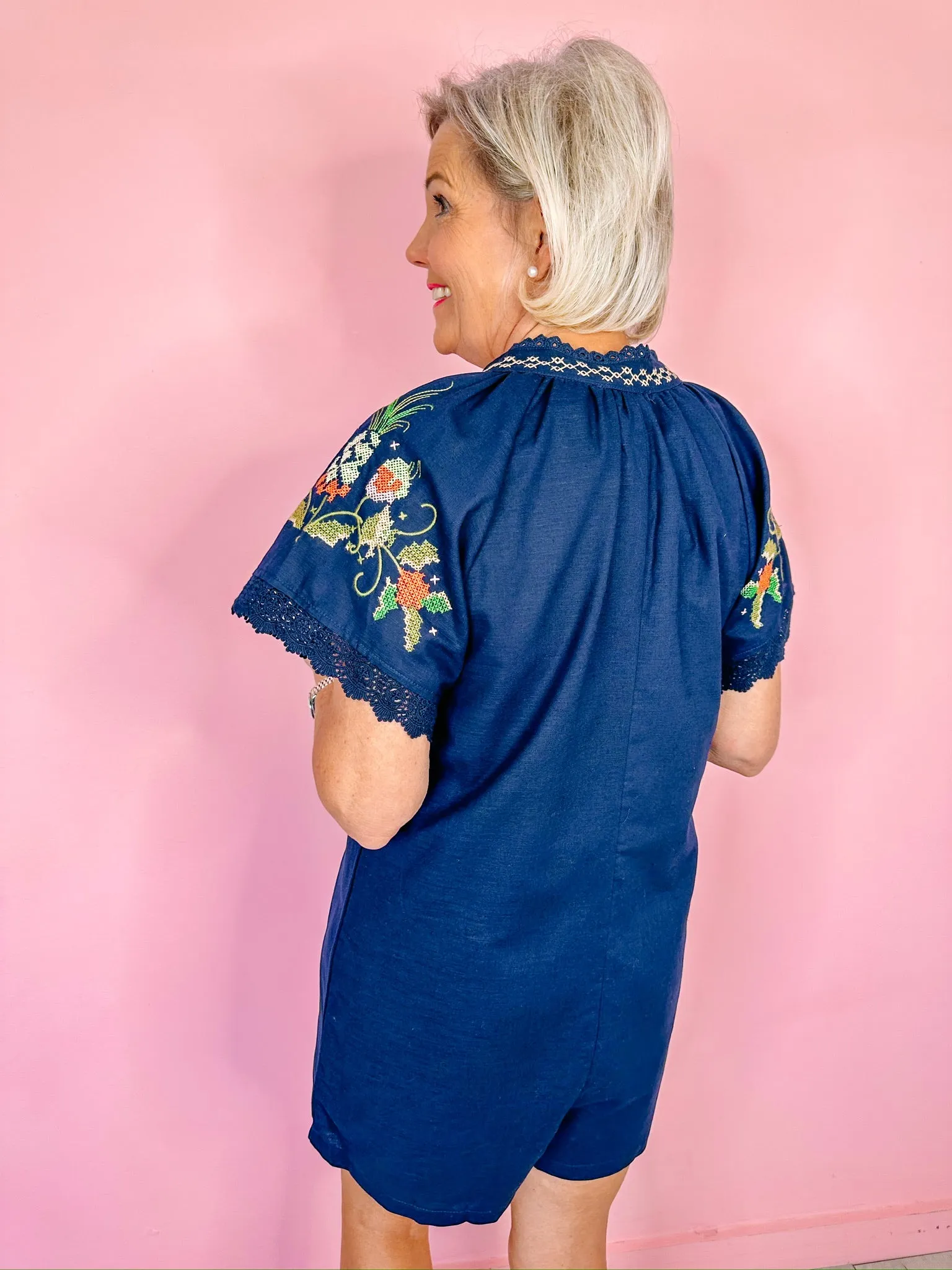 CASEY CROSS STITCH FLORALS ROMPER - NAVY