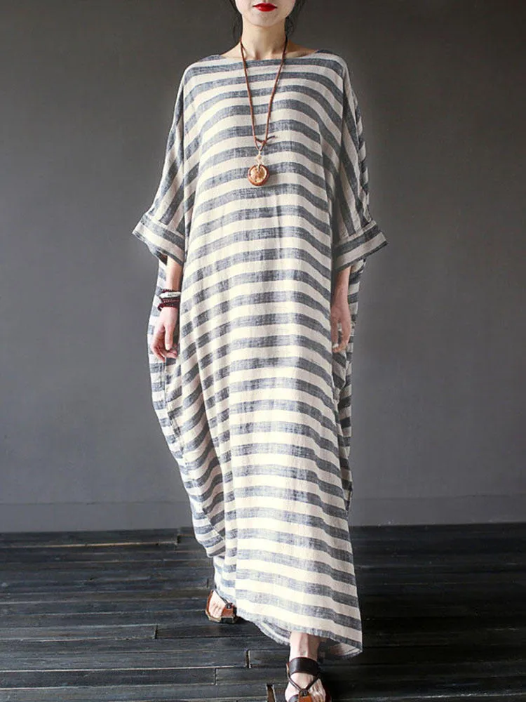 Casual 3/4 Sleeve Striped O-neck Baggy Cotton Women Maxi Dress