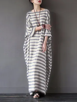 Casual 3/4 Sleeve Striped O-neck Baggy Cotton Women Maxi Dress