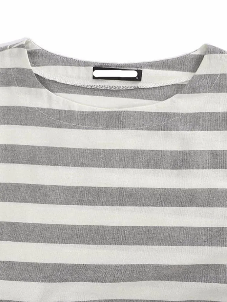 Casual 3/4 Sleeve Striped O-neck Baggy Cotton Women Maxi Dress