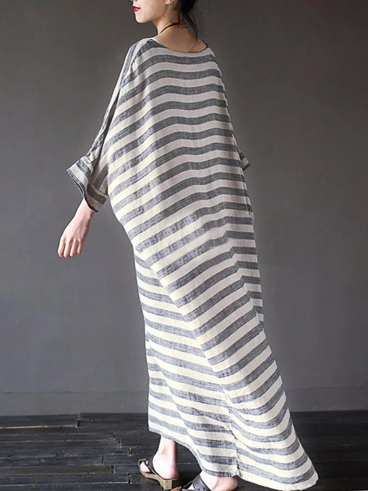 Casual 3/4 Sleeve Striped O-neck Baggy Cotton Women Maxi Dress