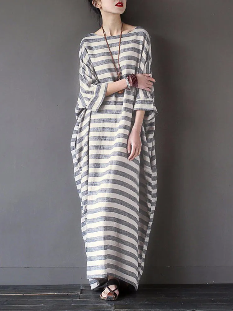 Casual 3/4 Sleeve Striped O-neck Baggy Cotton Women Maxi Dress