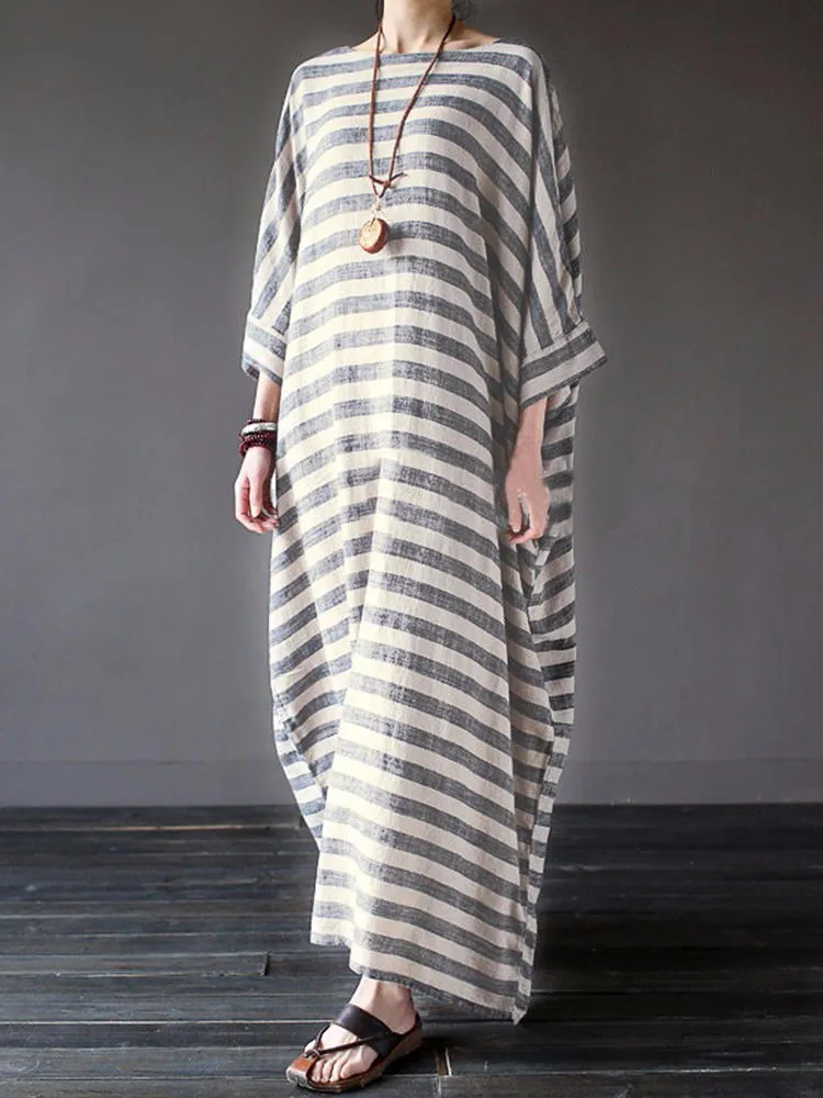 Casual 3/4 Sleeve Striped O-neck Baggy Cotton Women Maxi Dress