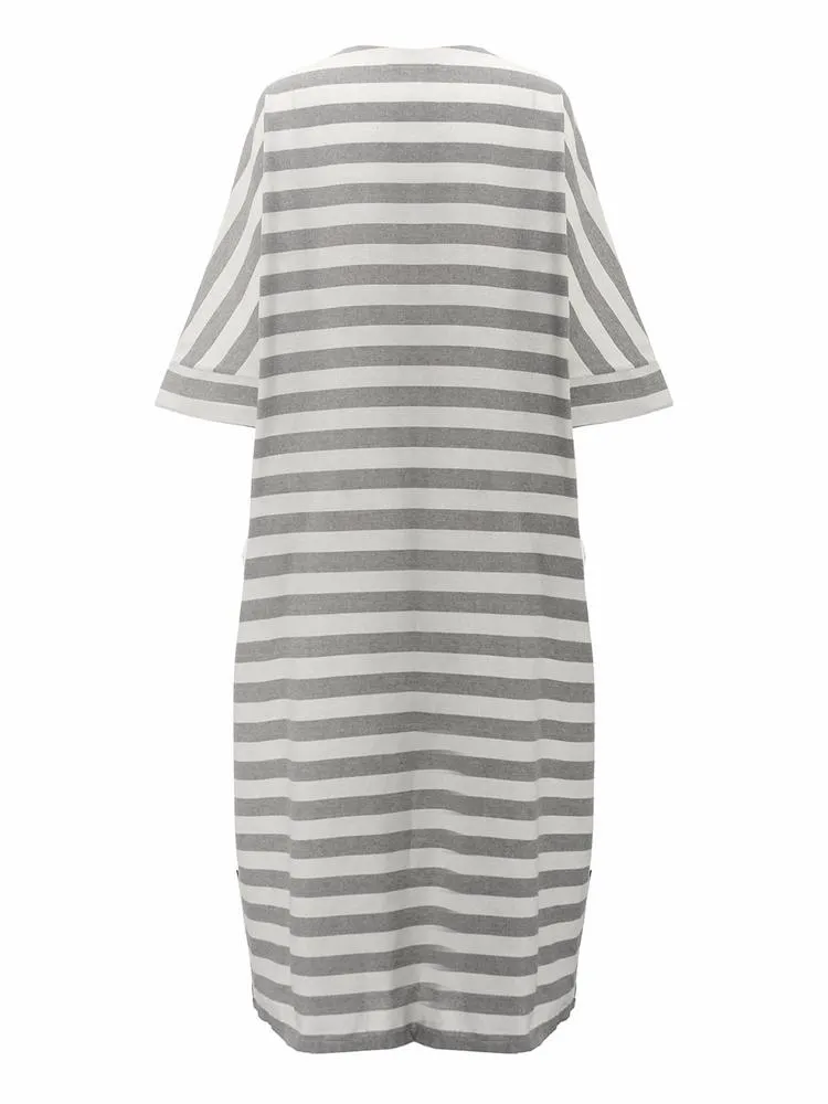 Casual 3/4 Sleeve Striped O-neck Baggy Cotton Women Maxi Dress