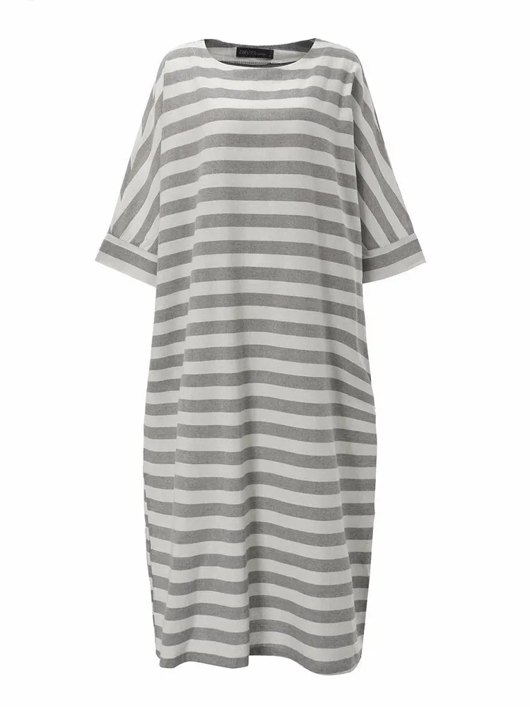 Casual 3/4 Sleeve Striped O-neck Baggy Cotton Women Maxi Dress