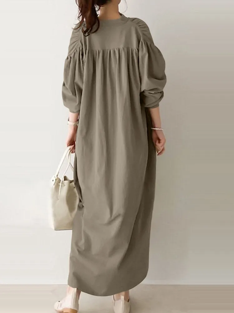 Casual Pure Color Cotton Puff Sleeve Drop Shoulder Loose Women Maxi Dress