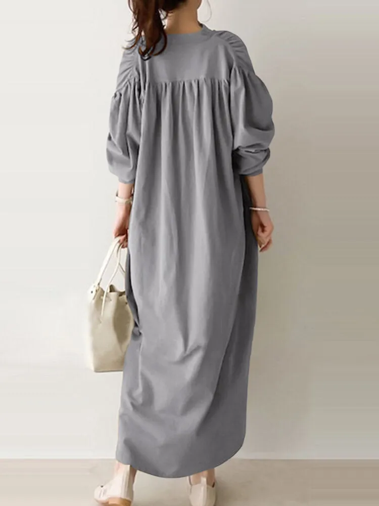 Casual Pure Color Cotton Puff Sleeve Drop Shoulder Loose Women Maxi Dress