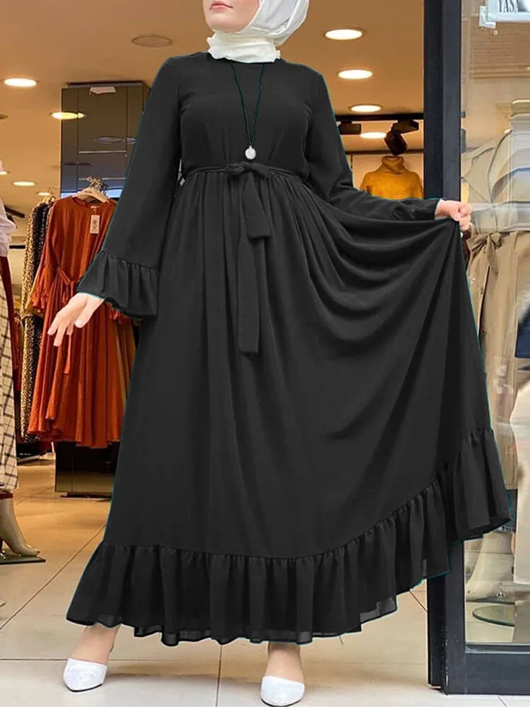 Casual Pure Color Flare Sleeve Lace-up Chiffon Loose Muslim Women Maxi Dress