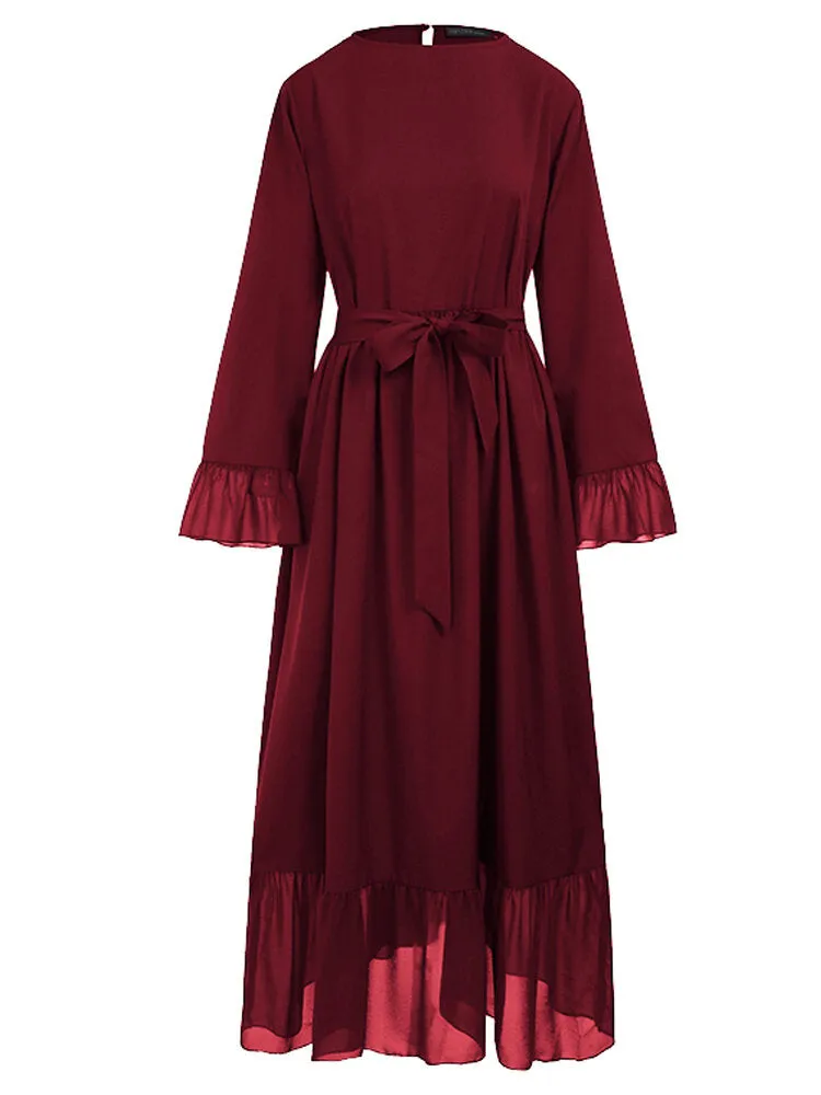Casual Pure Color Flare Sleeve Lace-up Chiffon Loose Muslim Women Maxi Dress