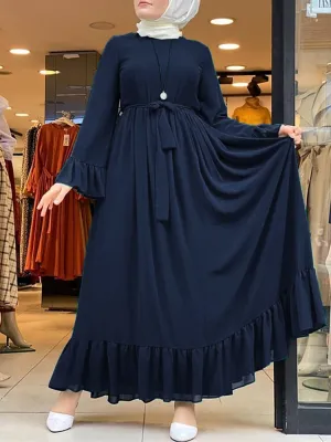 Casual Pure Color Flare Sleeve Lace-up Chiffon Loose Muslim Women Maxi Dress