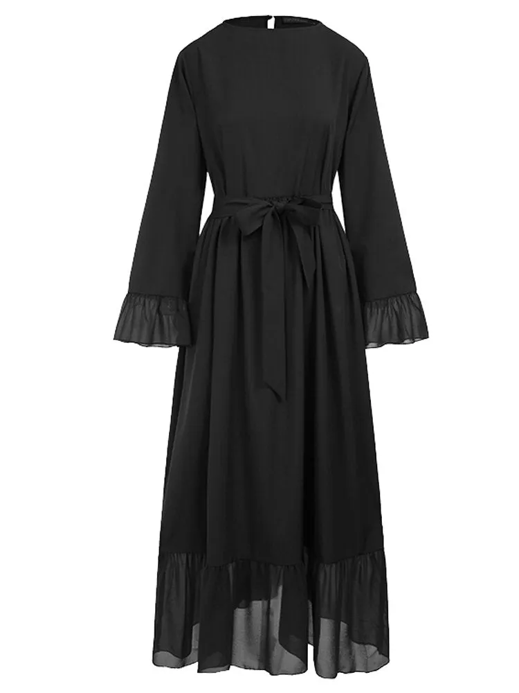 Casual Pure Color Flare Sleeve Lace-up Chiffon Loose Muslim Women Maxi Dress
