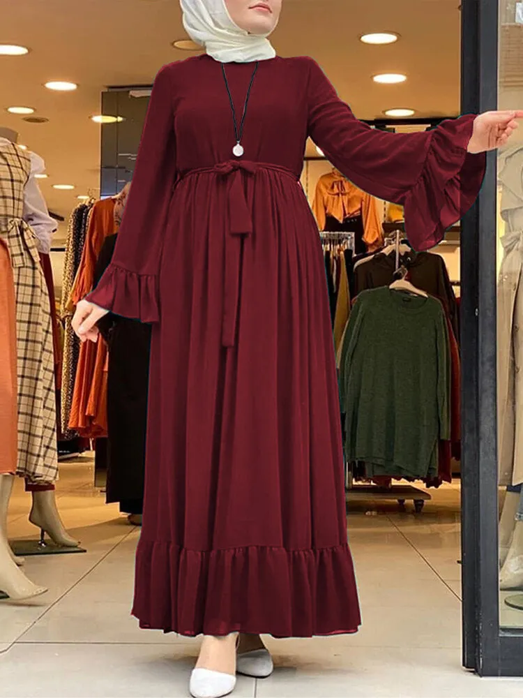 Casual Pure Color Flare Sleeve Lace-up Chiffon Loose Muslim Women Maxi Dress