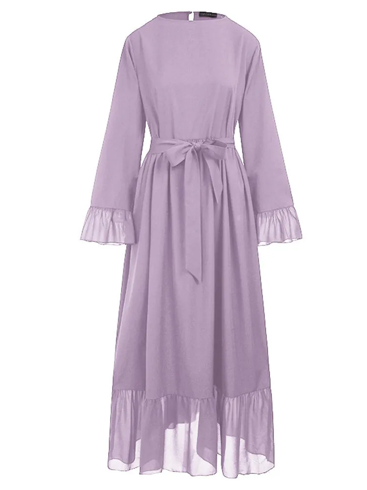 Casual Pure Color Flare Sleeve Lace-up Chiffon Loose Muslim Women Maxi Dress