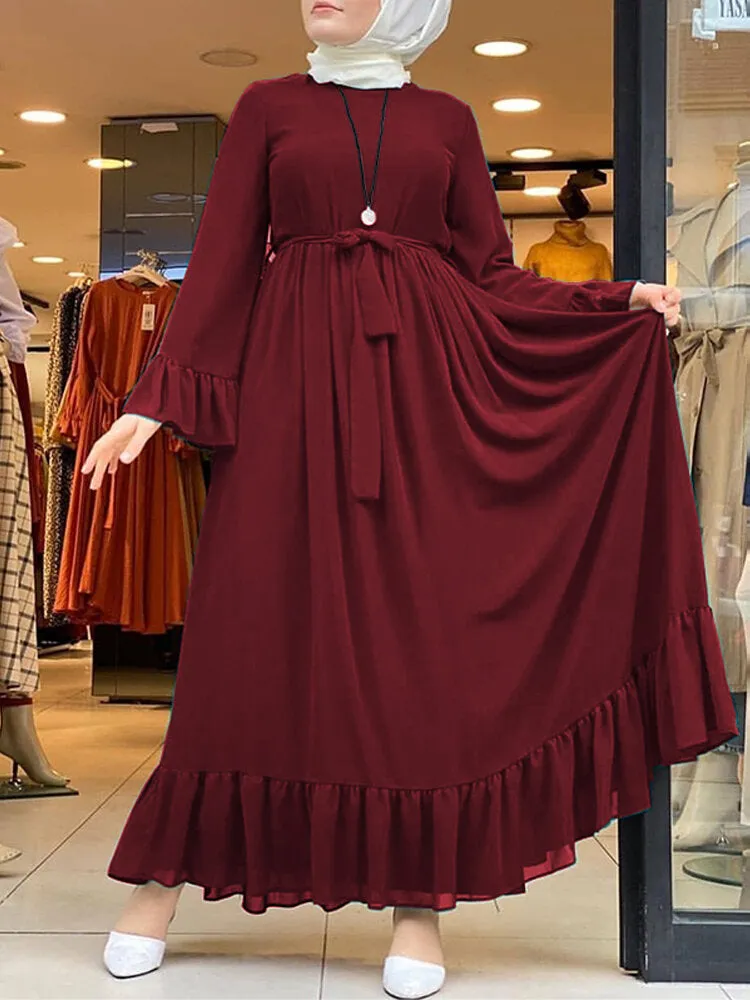 Casual Pure Color Flare Sleeve Lace-up Chiffon Loose Muslim Women Maxi Dress