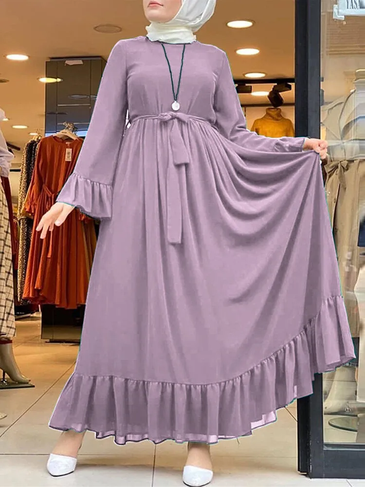 Casual Pure Color Flare Sleeve Lace-up Chiffon Loose Muslim Women Maxi Dress