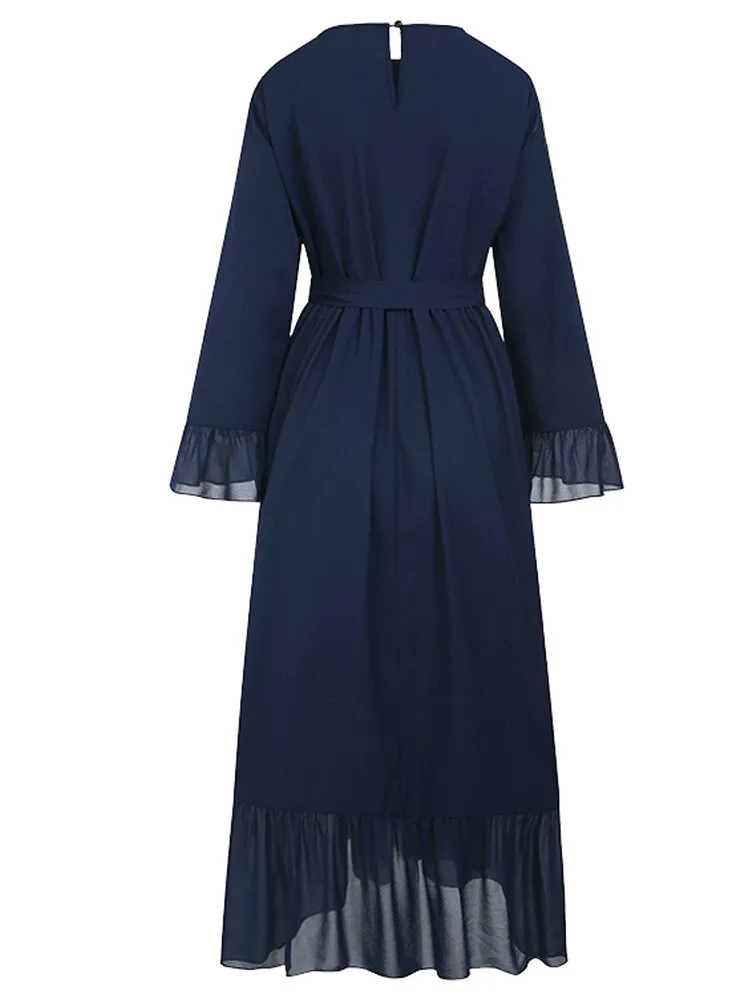 Casual Pure Color Flare Sleeve Lace-up Chiffon Loose Muslim Women Maxi Dress