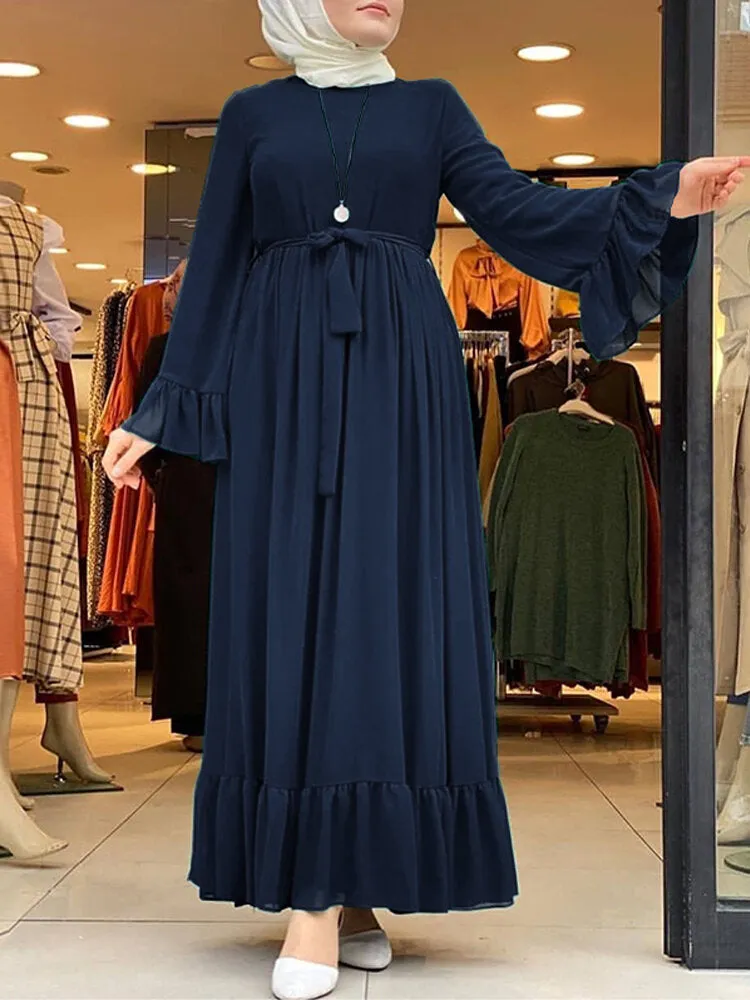 Casual Pure Color Flare Sleeve Lace-up Chiffon Loose Muslim Women Maxi Dress