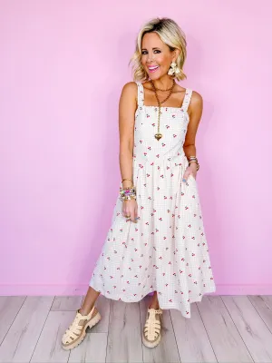 CHERRY-ISHING THE LITTLE THINGS SEERSUCKER MIDI DRESS - TAUPE
