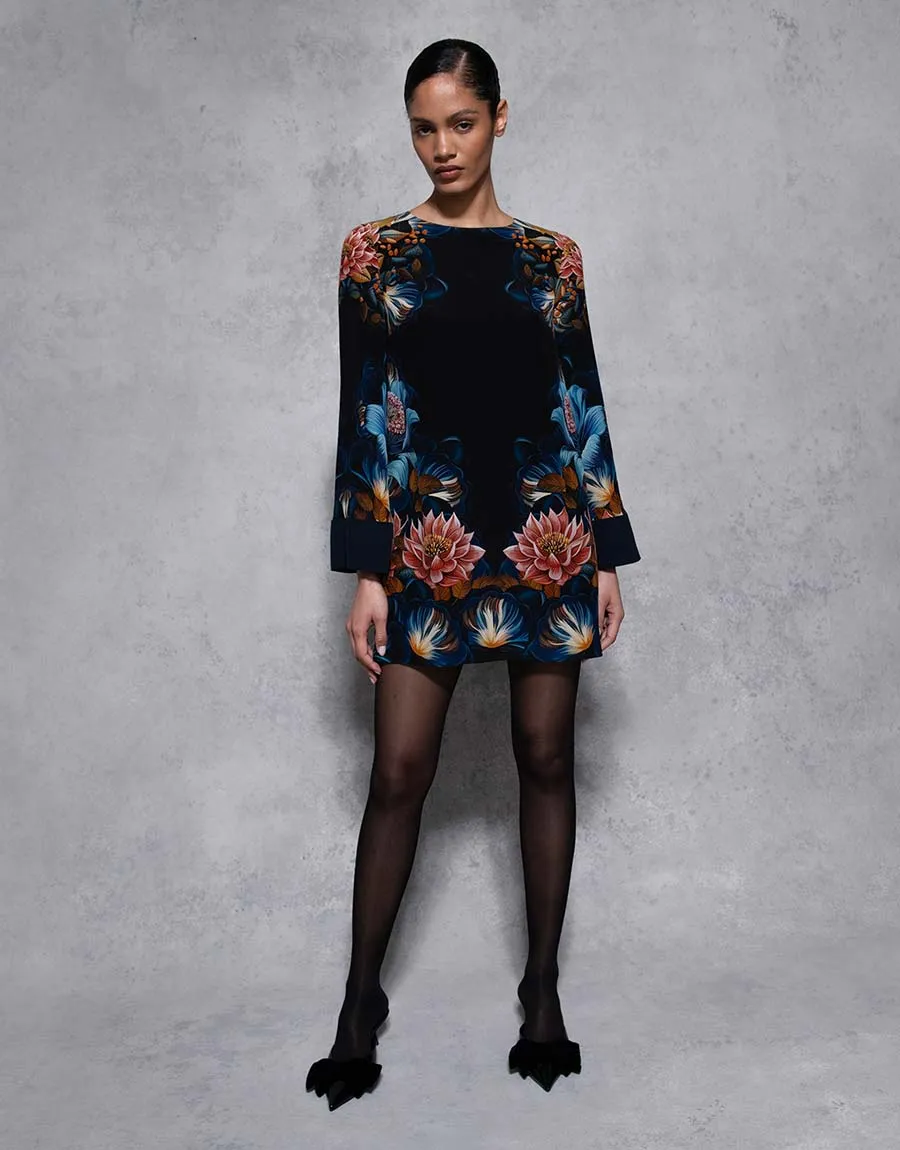 Cocoa Crepe Mini Dress - Painterly Flower - SALE
