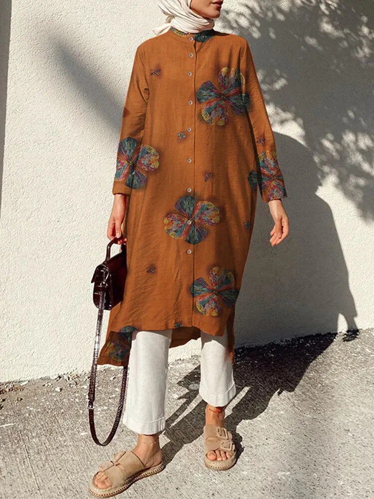 Cotton Flowers Print Kaftan Long Sleeve Retro Shirt Women Midi Dress