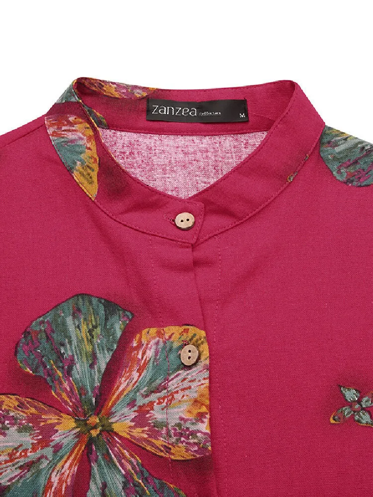 Cotton Flowers Print Kaftan Long Sleeve Retro Shirt Women Midi Dress