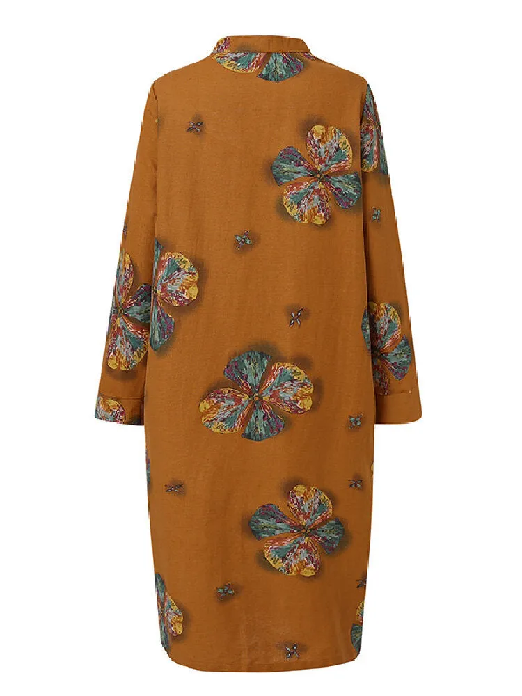 Cotton Flowers Print Kaftan Long Sleeve Retro Shirt Women Midi Dress