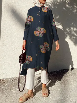 Cotton Flowers Print Kaftan Long Sleeve Retro Shirt Women Midi Dress