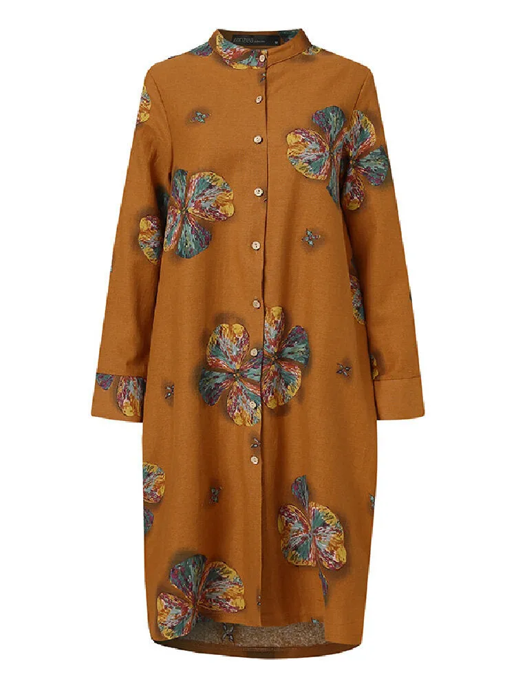 Cotton Flowers Print Kaftan Long Sleeve Retro Shirt Women Midi Dress